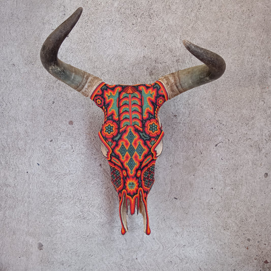 Exceptional Huichol Indian Hand Beaded Mexican Folk Art Authentic Bull Skull By Honorio Villa Lopez PP6889