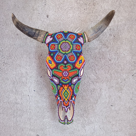Exceptional Huichol Indian Hand Beaded Mexican Folk Art Authentic Bull Skull By Honorio Villa Lopez PP6888
