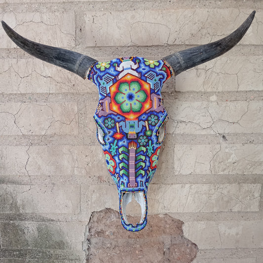 Exceptional Huichol Indian Hand Beaded Mexican Folk Art Authentic Bull Skull By Jose Manuel Ramirez  PP6995