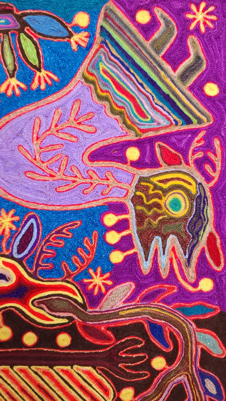Phenomenal Huichol Indian Mexican Folk Art Yarn Painting By Justo Benitez PP5787