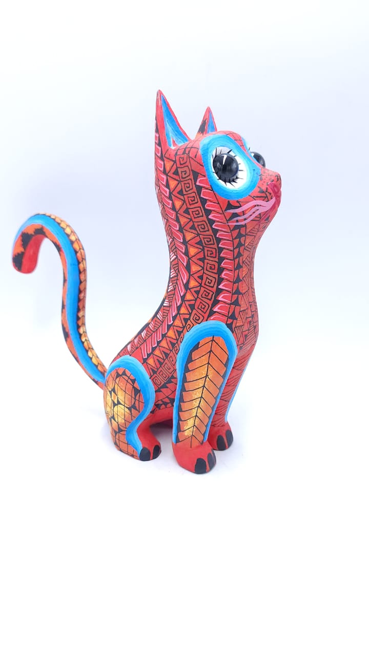 Mexican Oaxacan Wood Carving Alebrije Cat By Origen Nativo Carving Co-op PP5929