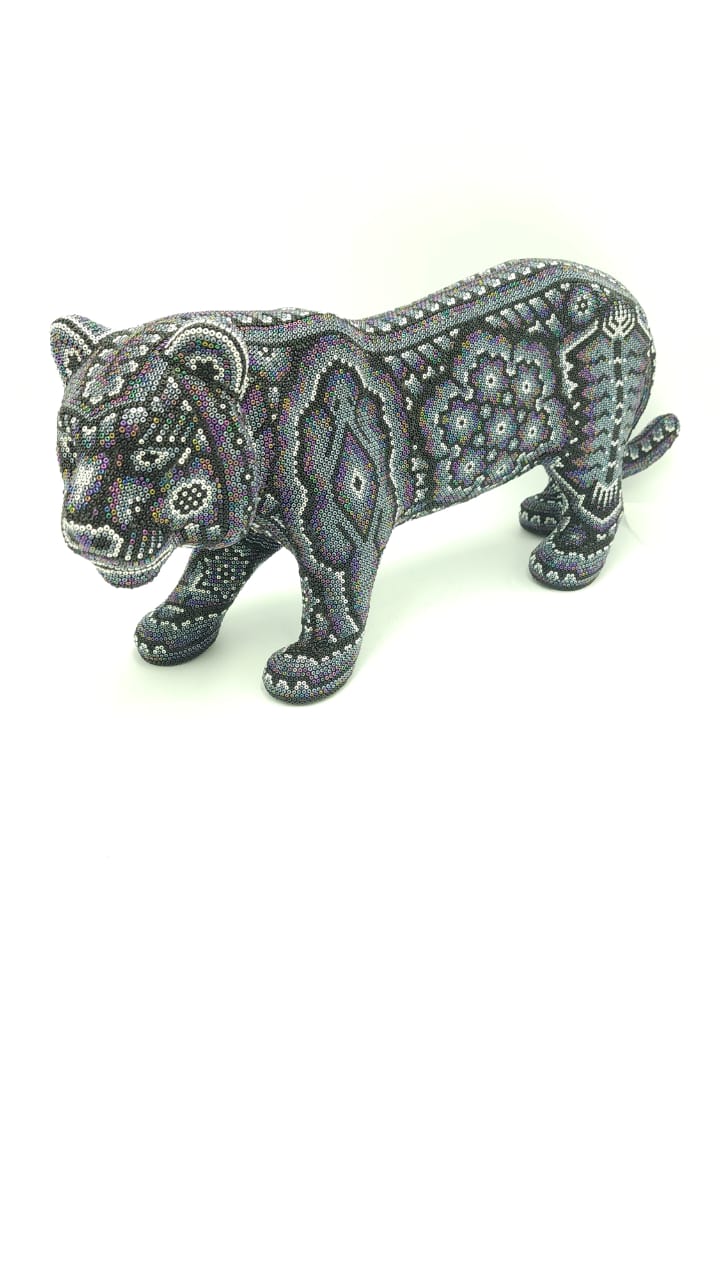 Mexican Folk Art Jaguar Paper Mache Form With  Glass Beads Glued Pemanently With Expoxy Glue  By Octaviano Lopez  PP6257