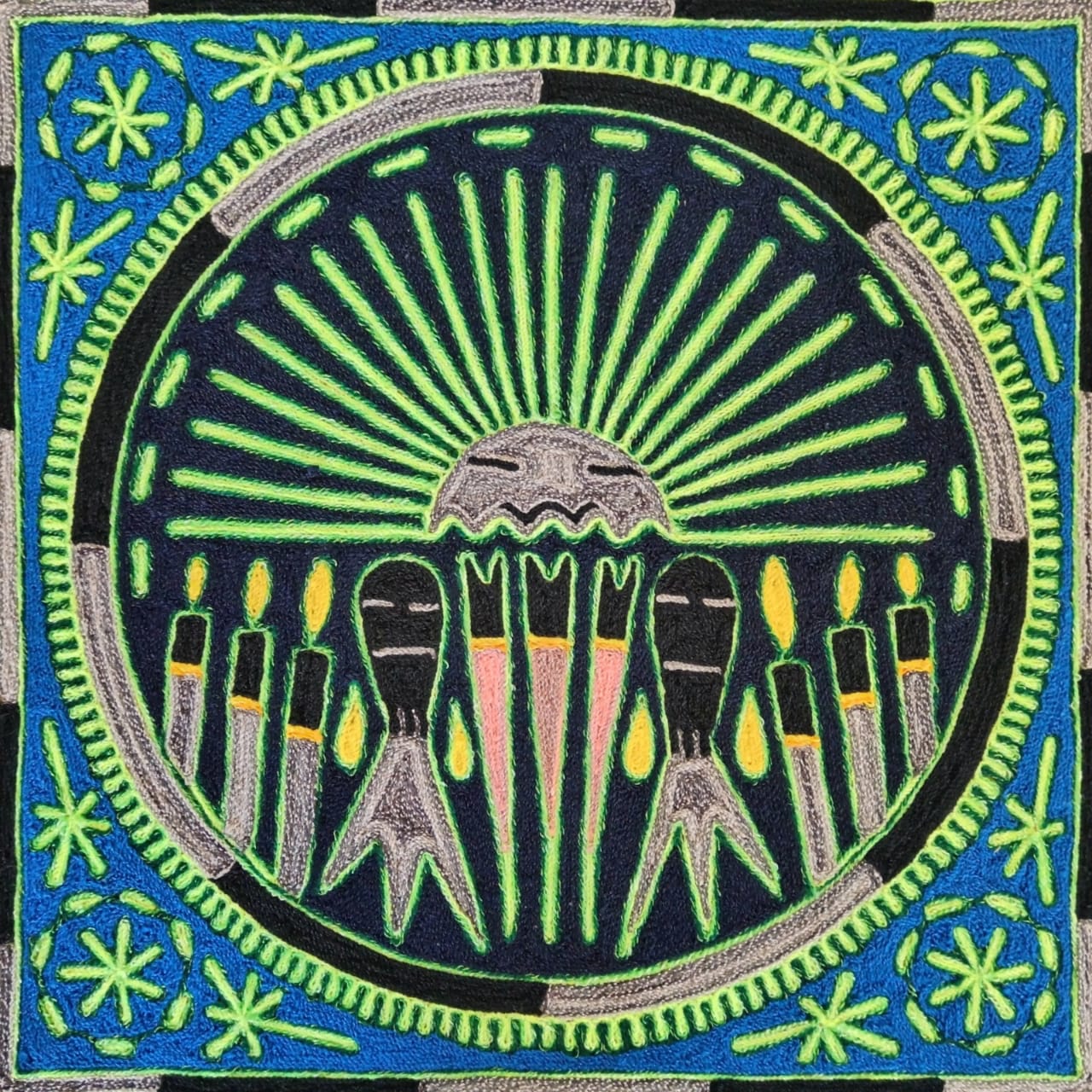 Huichol Indian Mexican Folk Art Yarn Painting by Silverio Gonzalez Rios PP6912