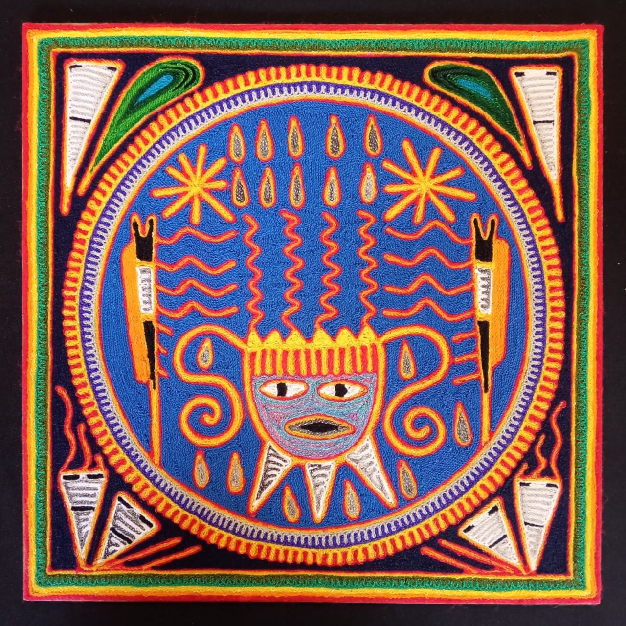 Huichol Indian Mexican Folk Art Yarn Painting by Silverio Gonzalez Rios PP6927