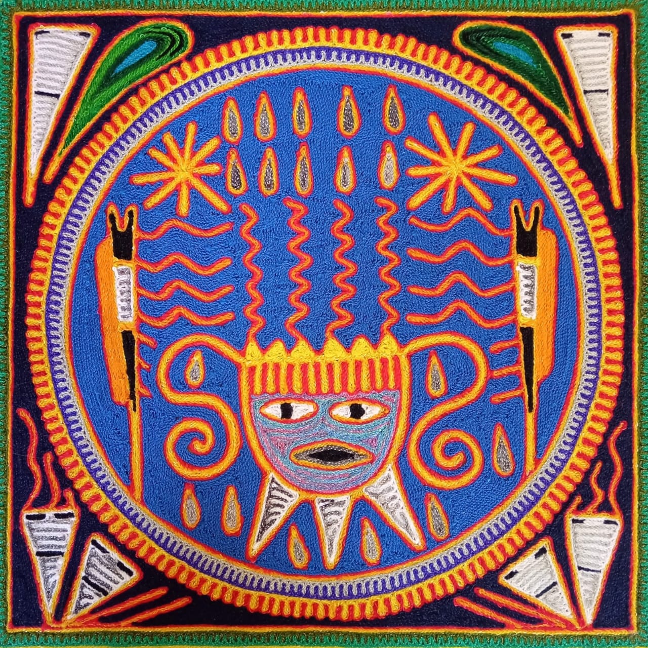 Huichol Indian Mexican Folk Art Yarn Painting by Silverio Gonzalez Rios PP6927
