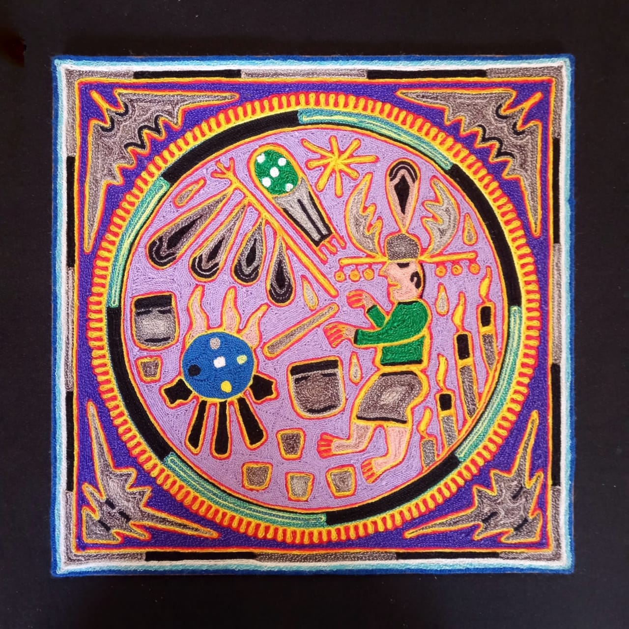 Huichol Indian Mexican Folk Art Yarn Painting by Silverio Gonzalez Rios PP6923