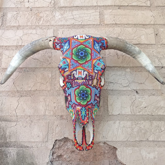 Exceptional Huichol Indian Hand Beaded Mexican Folk Art Authentic Bull Skull By Jose Manuel Ramirez  PP6997