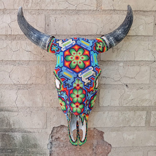 Exceptional Huichol Indian Hand Beaded Mexican Folk Art Authentic Bull Skull By Jose Manuel Ramirez  PP6994