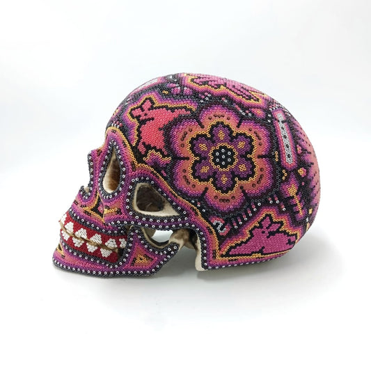 Gorgeous Huichol Hand Beaded Cast Resin Human Skull By Isandro Lopez PP6950