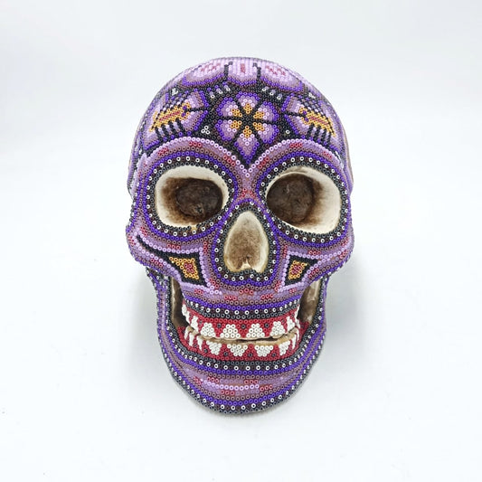 Gorgeous Huichol Hand Beaded Cast Resin Human Skull By Isandro Lopez PP6951