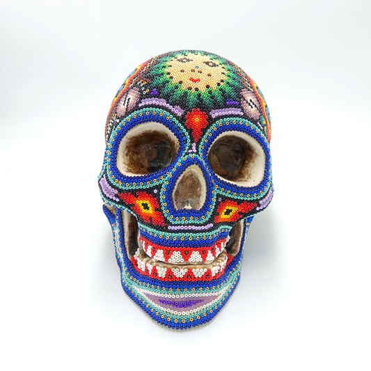Gorgeous Huichol Hand Beaded Cast Resin Human Skull By Isandro Lopez PP6952