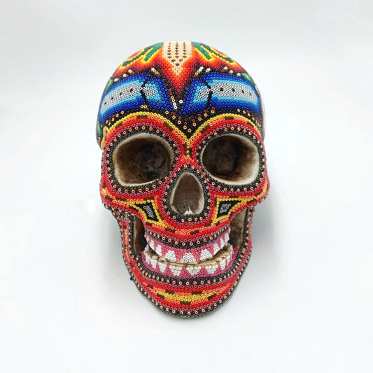 Gorgeous Huichol Hand Beaded Cast Resin Human Skull By Isandro Lopez PP6953