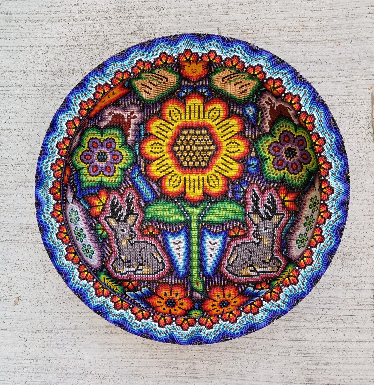 Huichol Hand Beaded solid wooden Salad Bowl Using Glass Beads By Isandro Villa Lopez PP6971