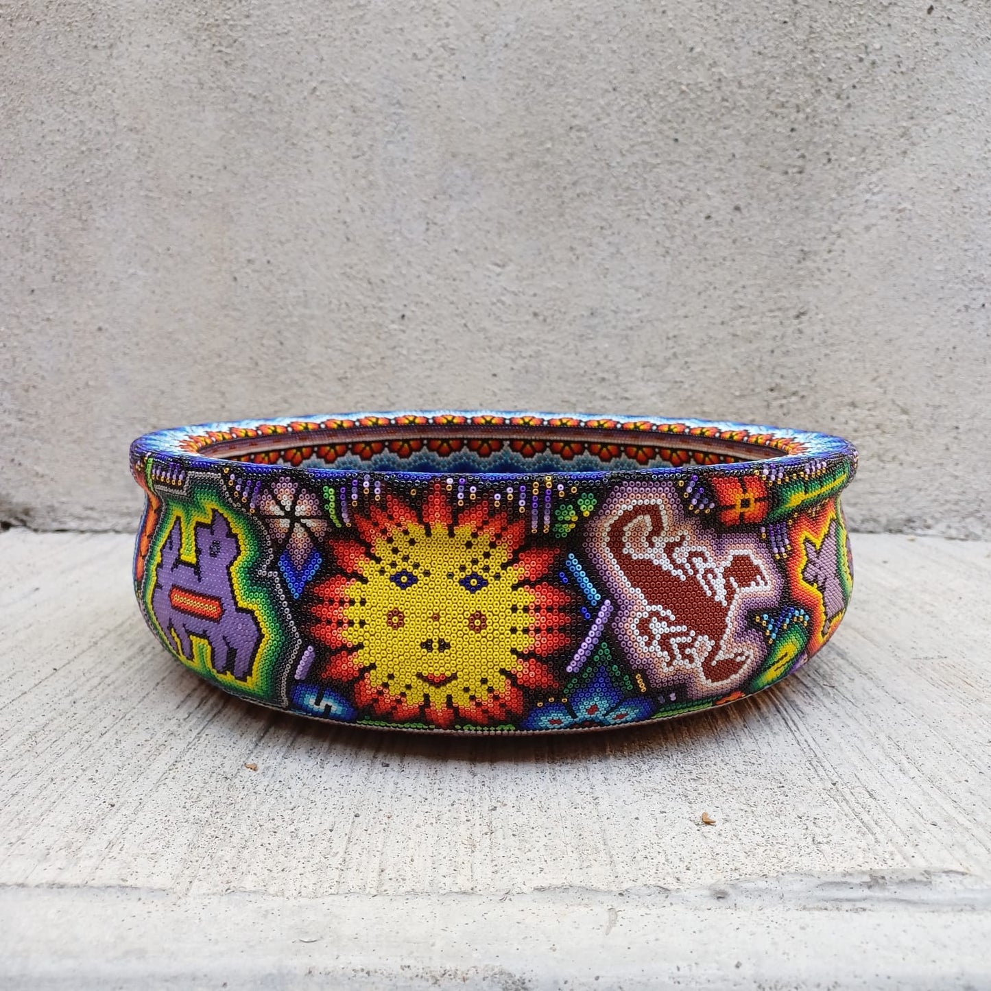 Huichol Hand Beaded solid wooden Salad Bowl Using Glass Beads By Isandro Villa Lopez PP6971