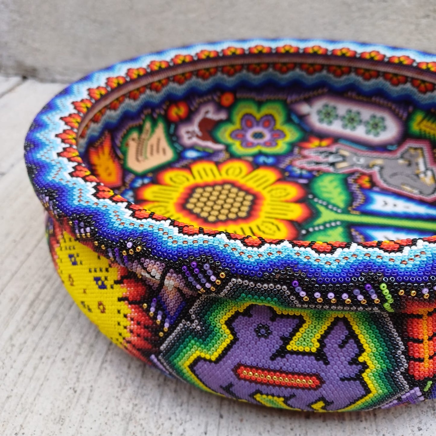 Huichol Hand Beaded solid wooden Salad Bowl Using Glass Beads By Isandro Villa Lopez PP6971