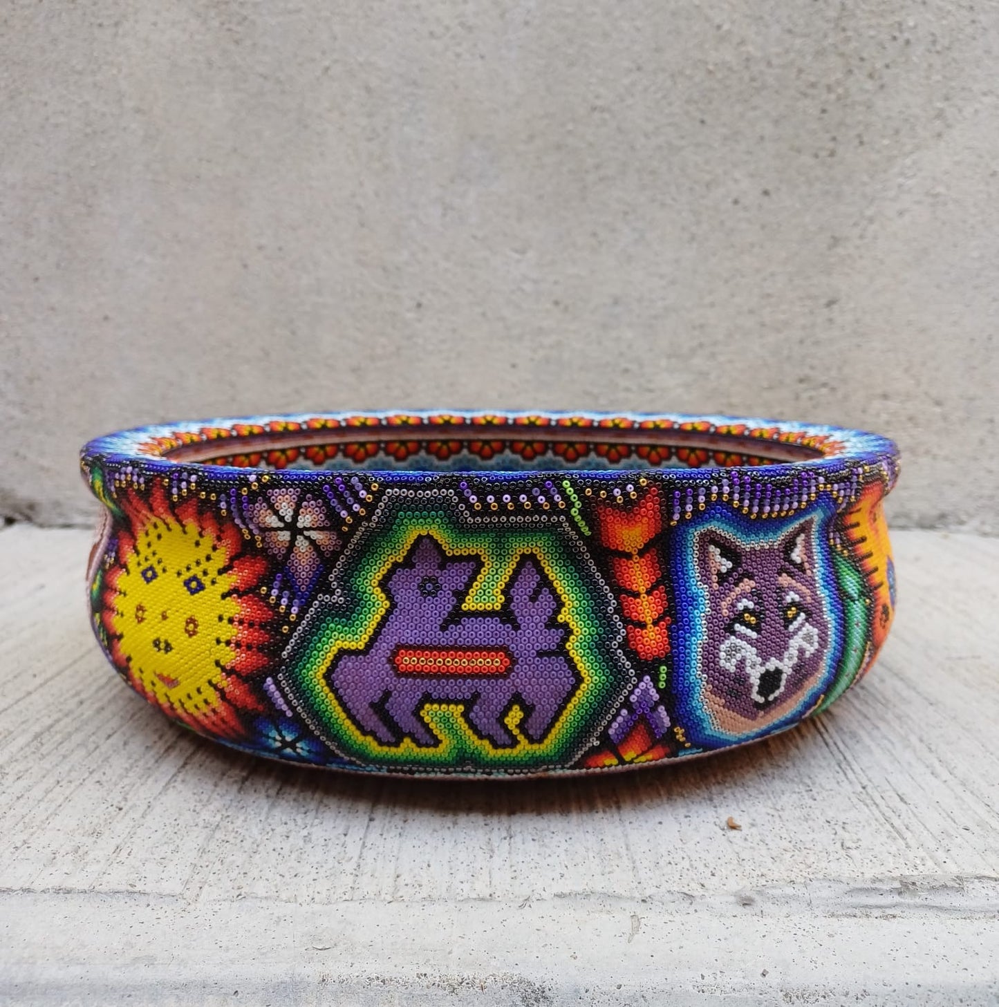 Huichol Hand Beaded solid wooden Salad Bowl Using Glass Beads By Isandro Villa Lopez PP6971