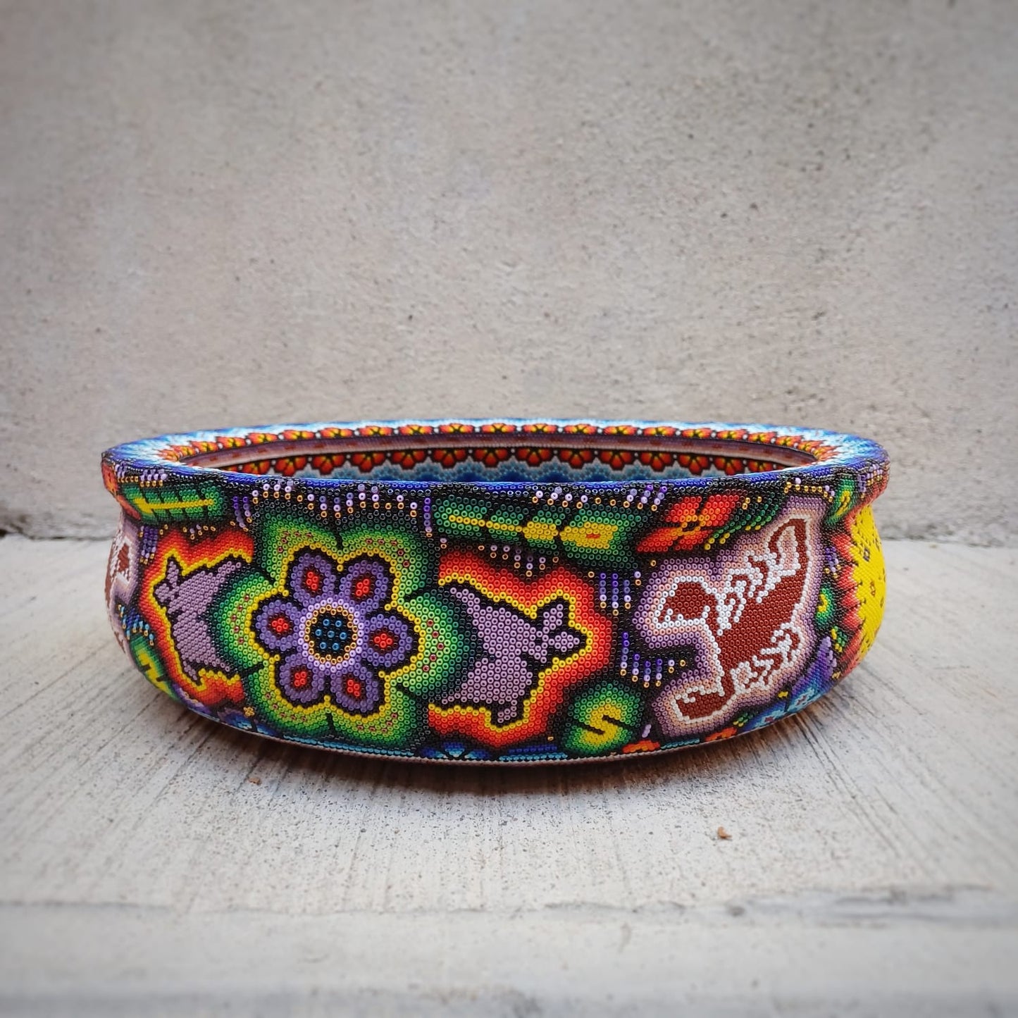 Huichol Hand Beaded solid wooden Salad Bowl Using Glass Beads By Isandro Villa Lopez PP6971