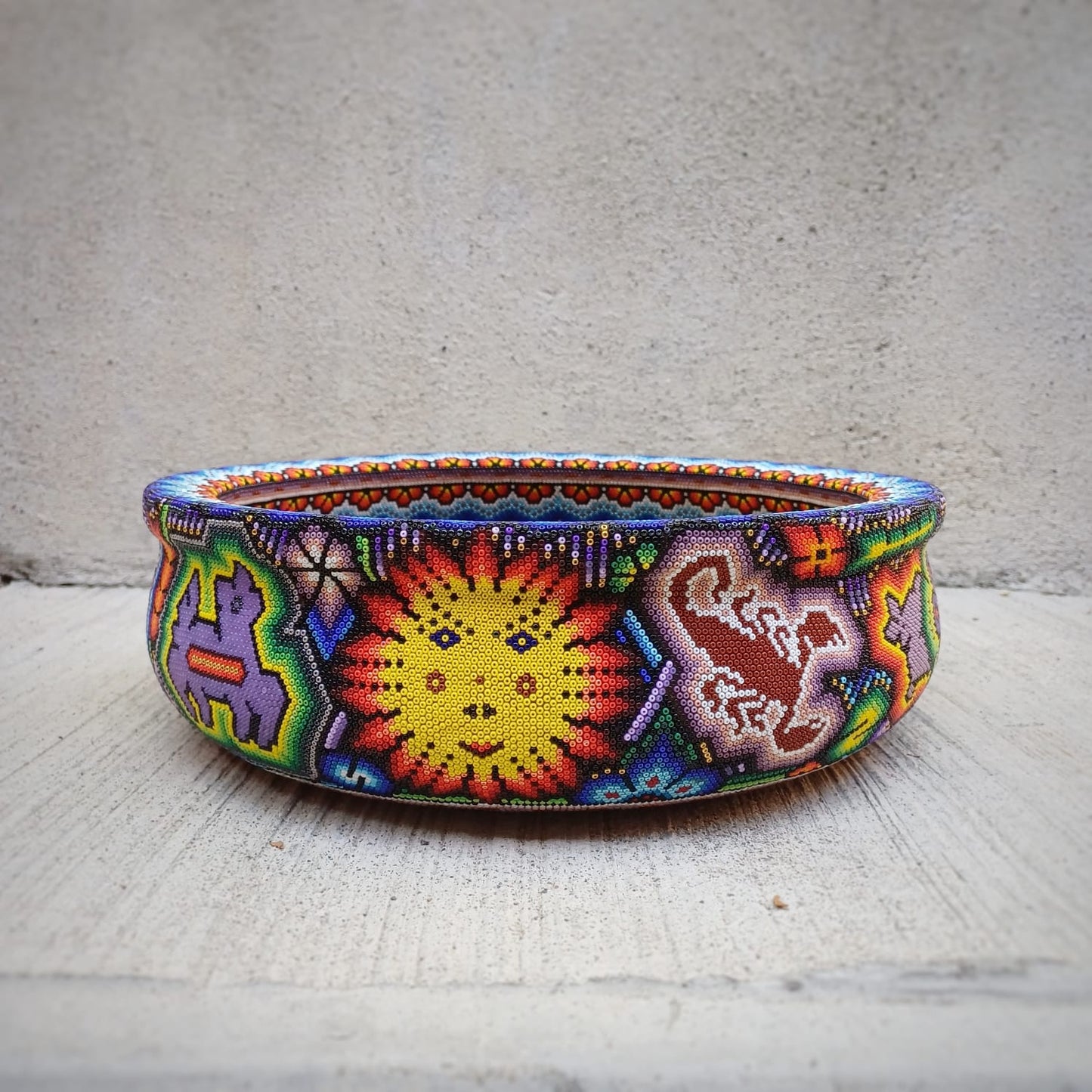 Huichol Hand Beaded solid wooden Salad Bowl Using Glass Beads By Isandro Villa Lopez PP6971