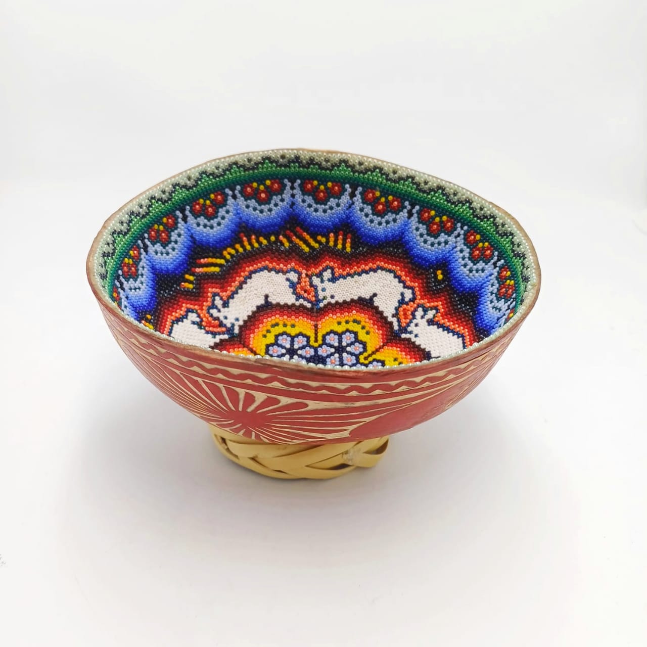 Bowl Huichol Mexican Folk Art By Florencio Lopez PP7036