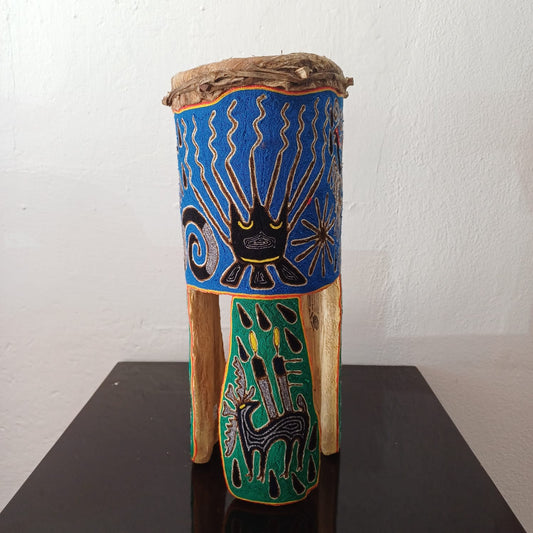 Drum Huichol Mexican Folk Art Yarn decorated By Silverio Gonzalez Rios PP7023