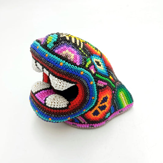 Fabulous Mexican Huichol Hand Beaded Jaguar Head By Octaviano Lopez  PP7057