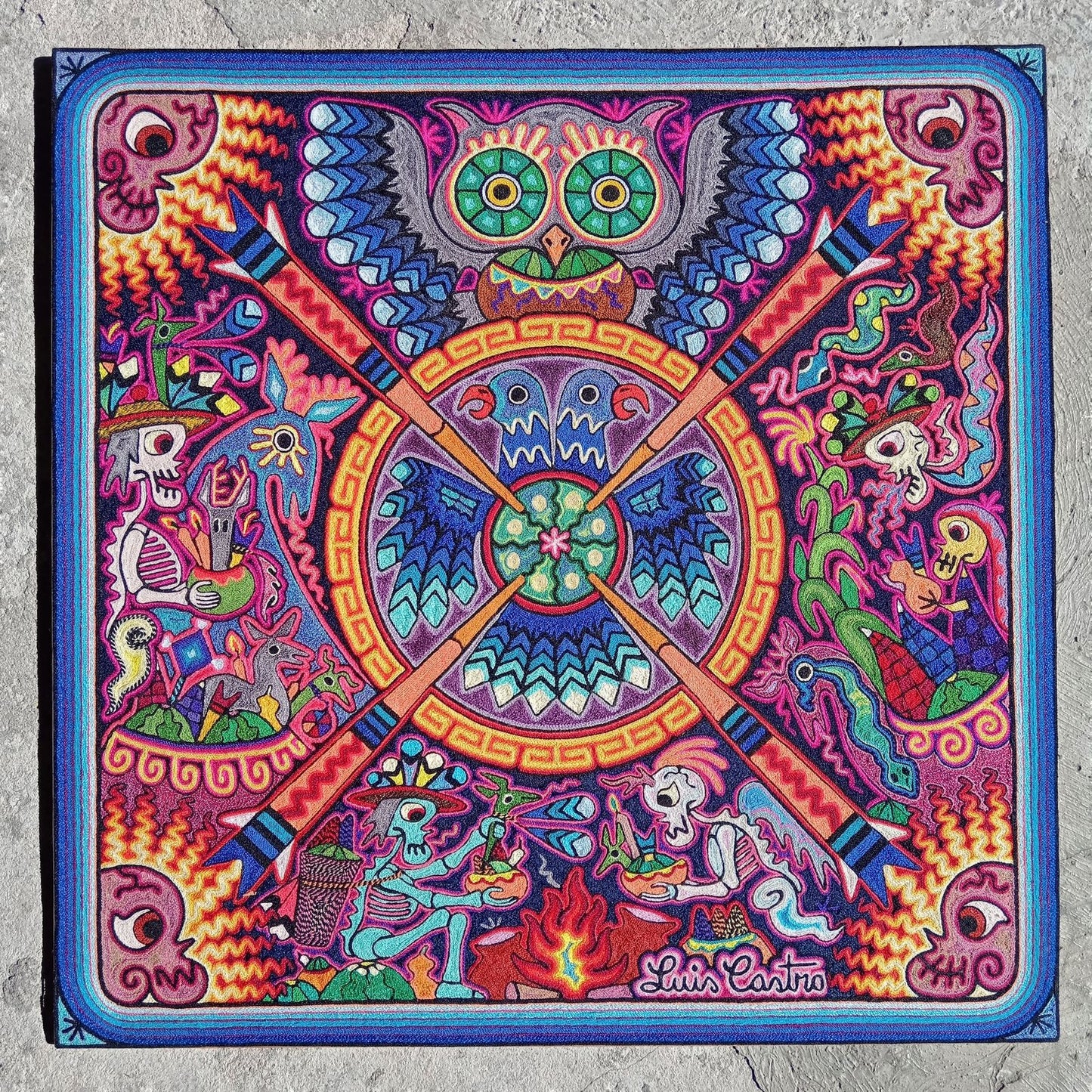 Mexican Folk Art Huichol Indian Yarn Painting by Luis Castro PP7626 Oaxaca