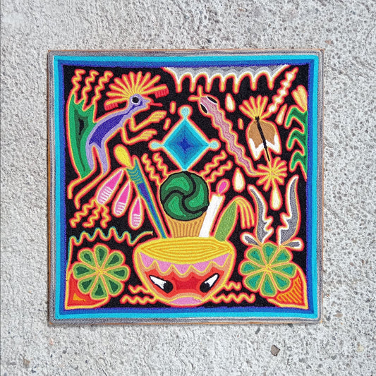Mexican Folk Art Huichol Yarn Painting by Cooperativa Zitacua PP7643
