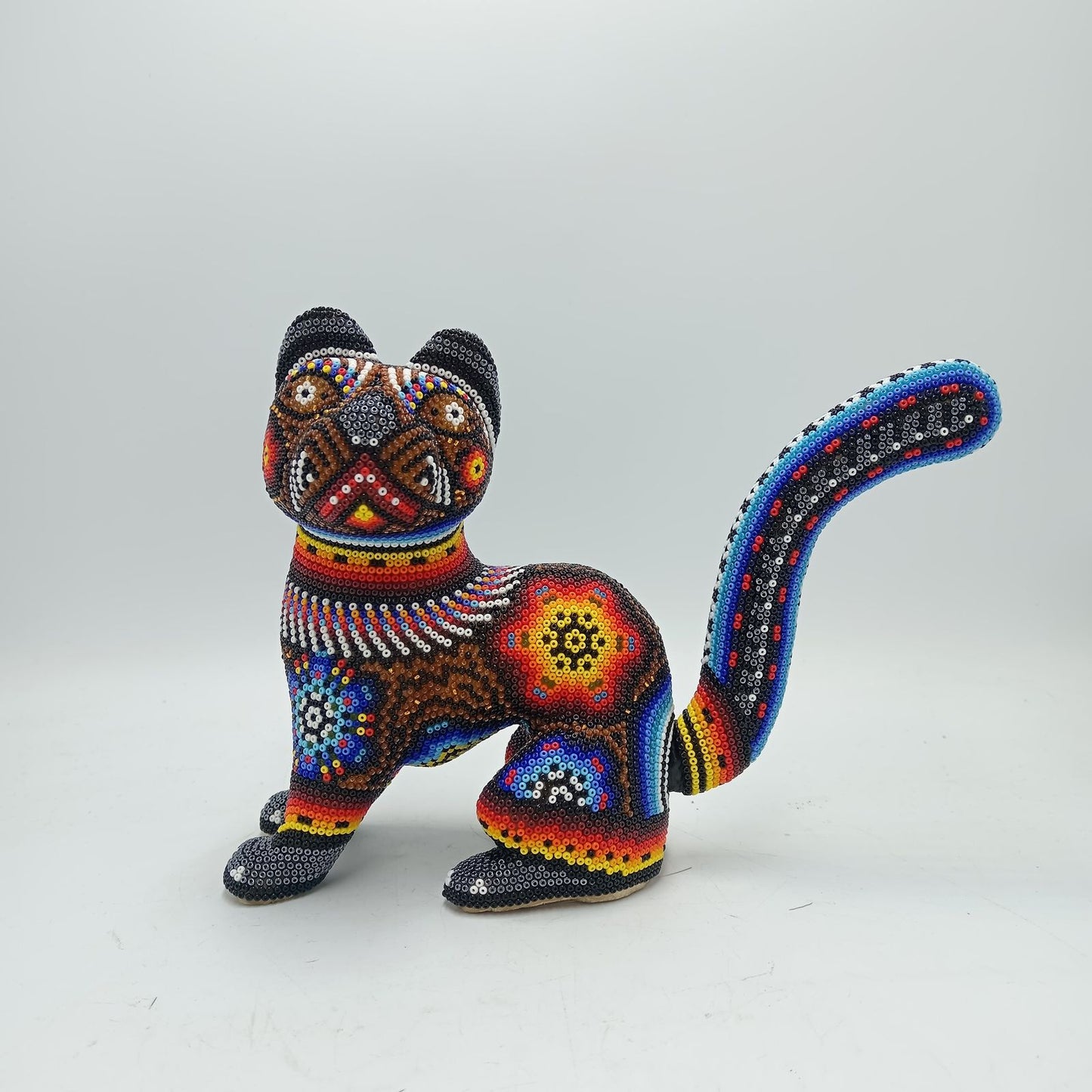 Huichol Hand Beaded Mexican Folk Art, Cat By Santos Bautista PP7839