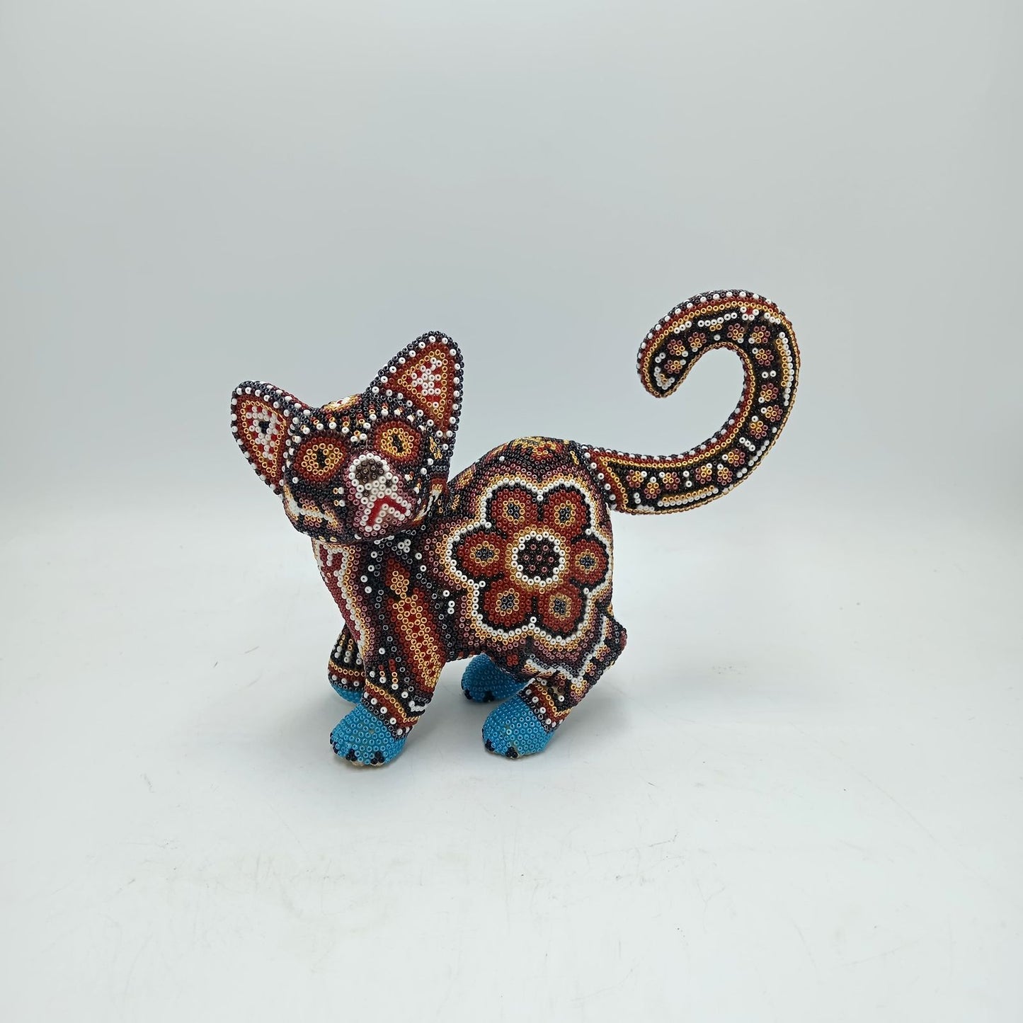 Mexican Huichol Hand Beaded Art, Cat By Isandro Villa Lopez PP7840