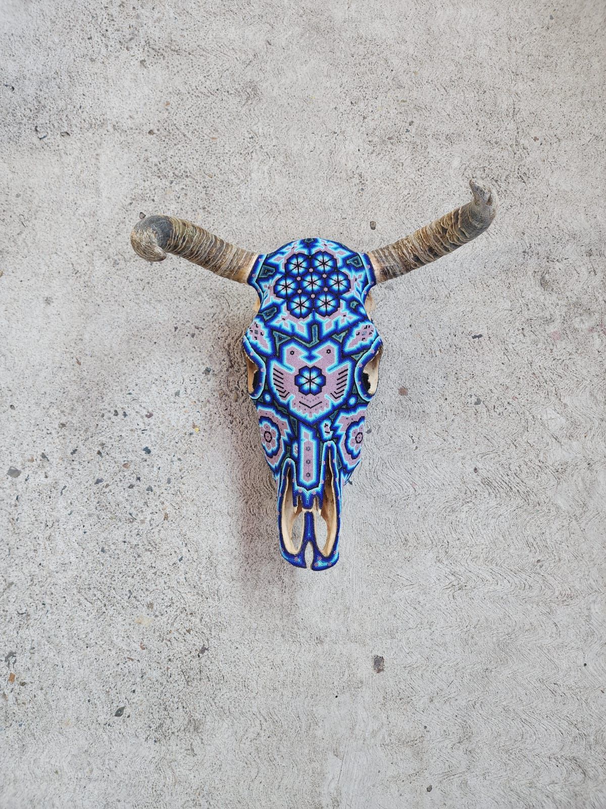 Huichol Bead Art Mexican Folk Art, Bull Skull By Mayola Villa Lopez PP7830