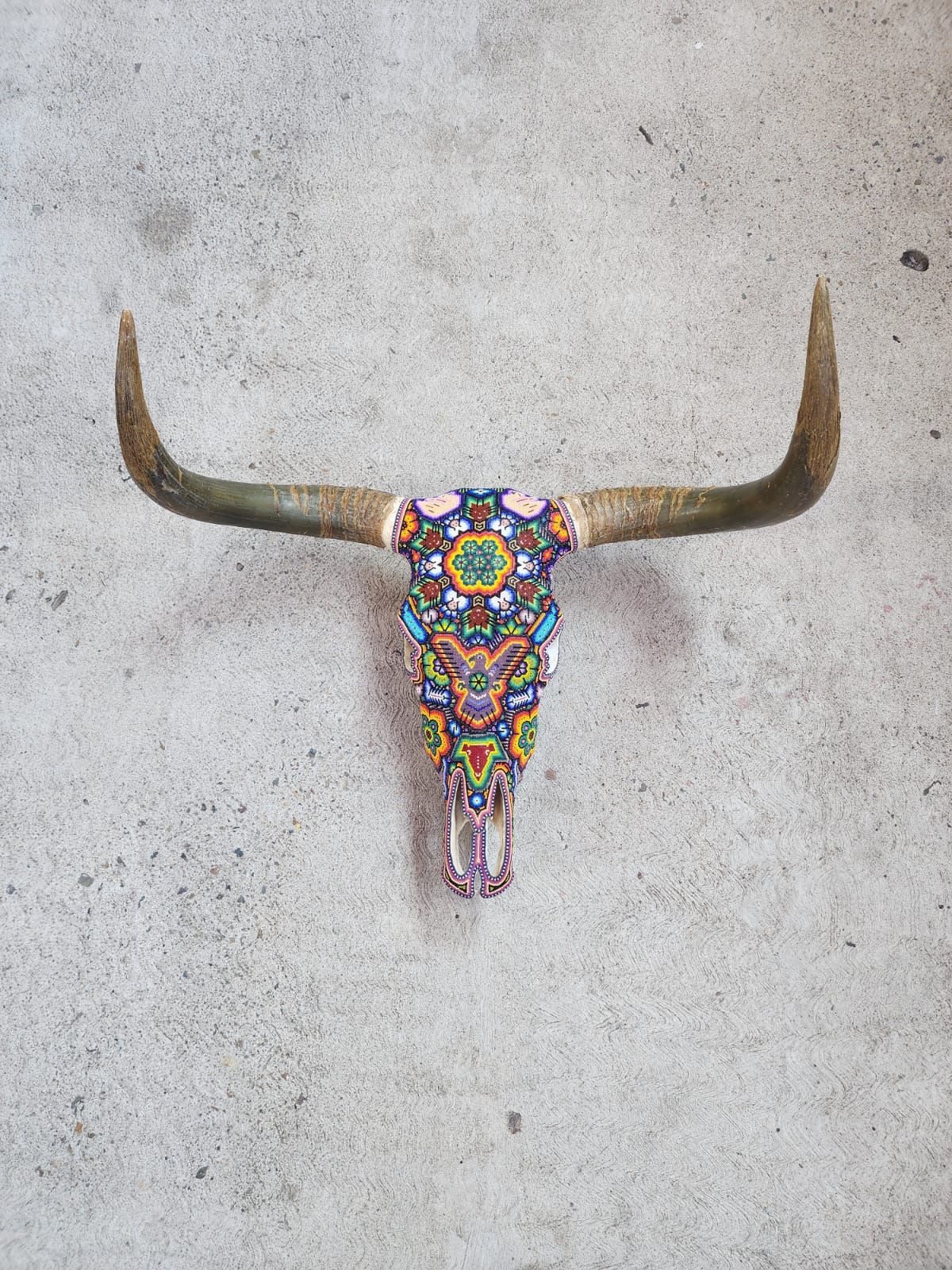 Hand Beaded Huichol Mexican Folk Art Bull Skull, By Isandro Villa Lopez PP7831
