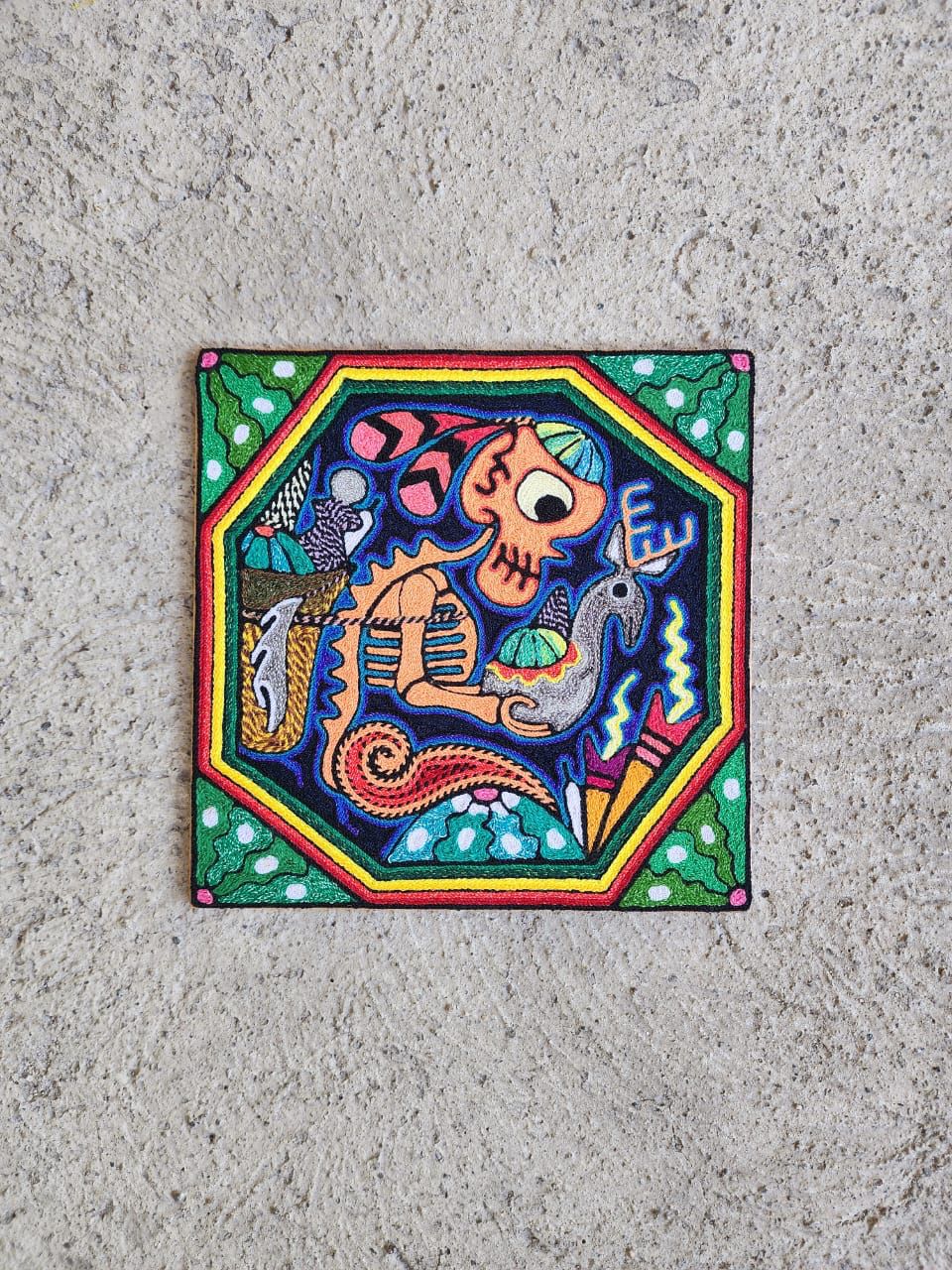 Mexican Folk Art Huichol Indian Yarn Painting by Luis Castro PP7897