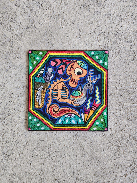 Mexican Folk Art Huichol Indian Yarn Painting by Luis Castro PP7897