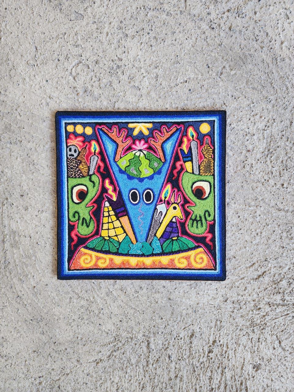Mexican Folk Art Huichol Indian Yarn Painting by Luis Castro PP7899