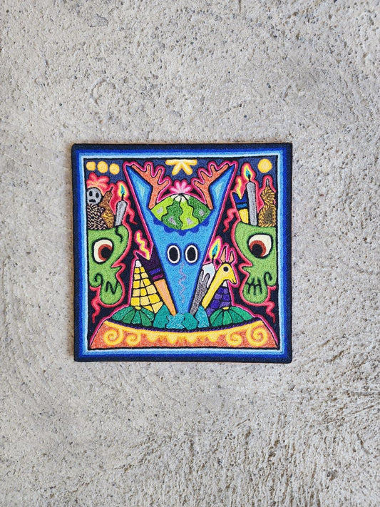 Mexican Folk Art Huichol Indian Yarn Painting by Luis Castro PP7899