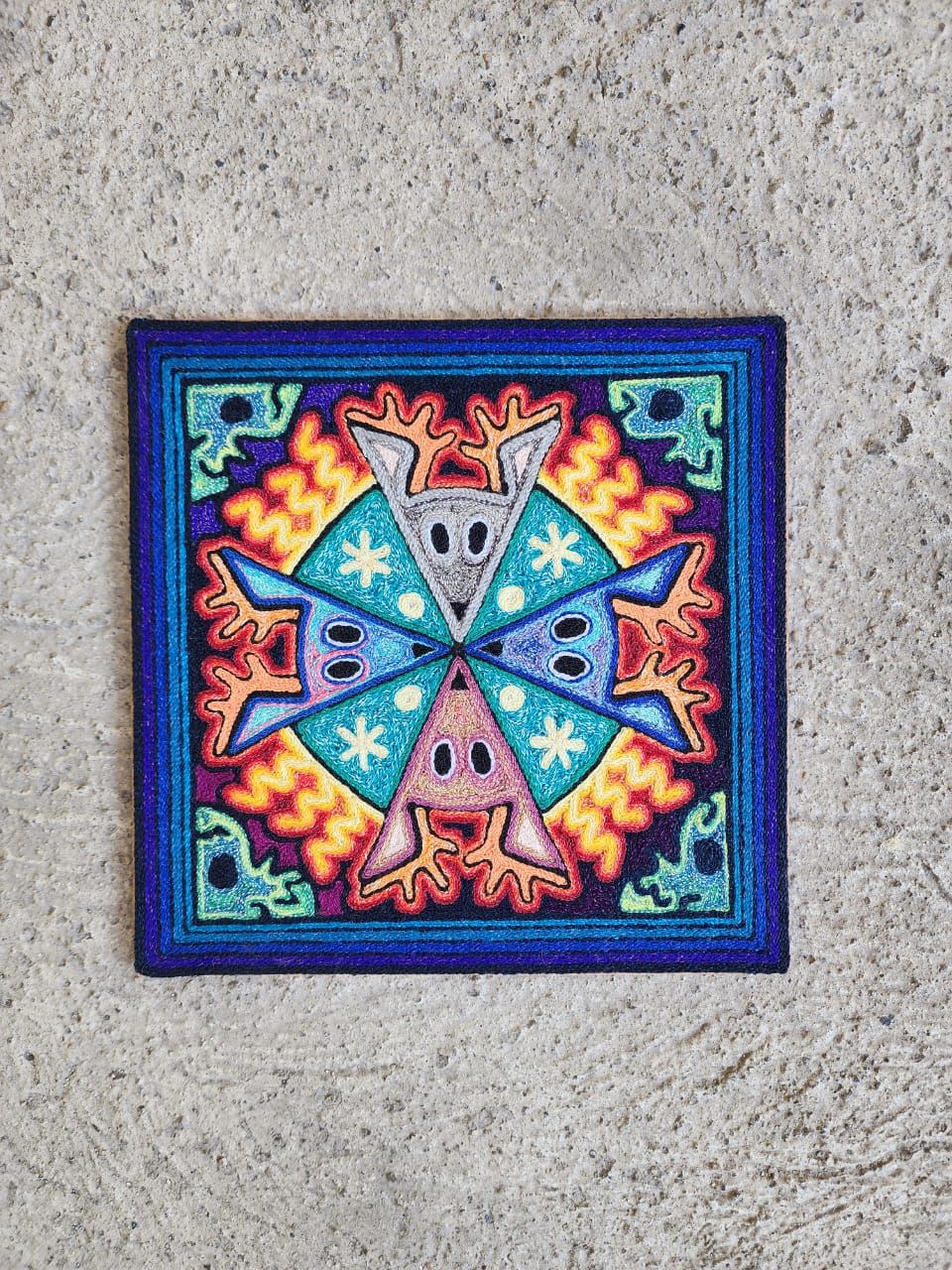 Mexican Folk Art Huichol Indian Yarn Painting by Luis Castro PP7900