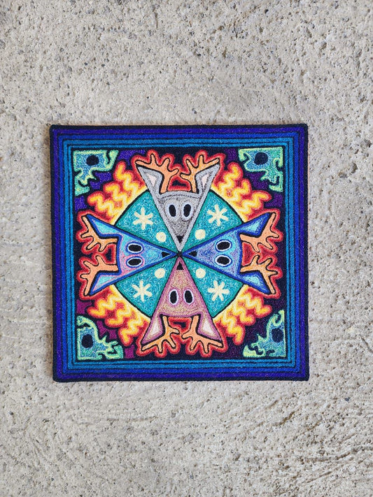 Mexican Folk Art Huichol Indian Yarn Painting by Luis Castro PP7900