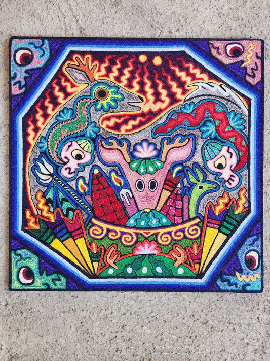 Mexican Folk Art Huichol Indian Yarn Painting by Luis Castro PP7902
