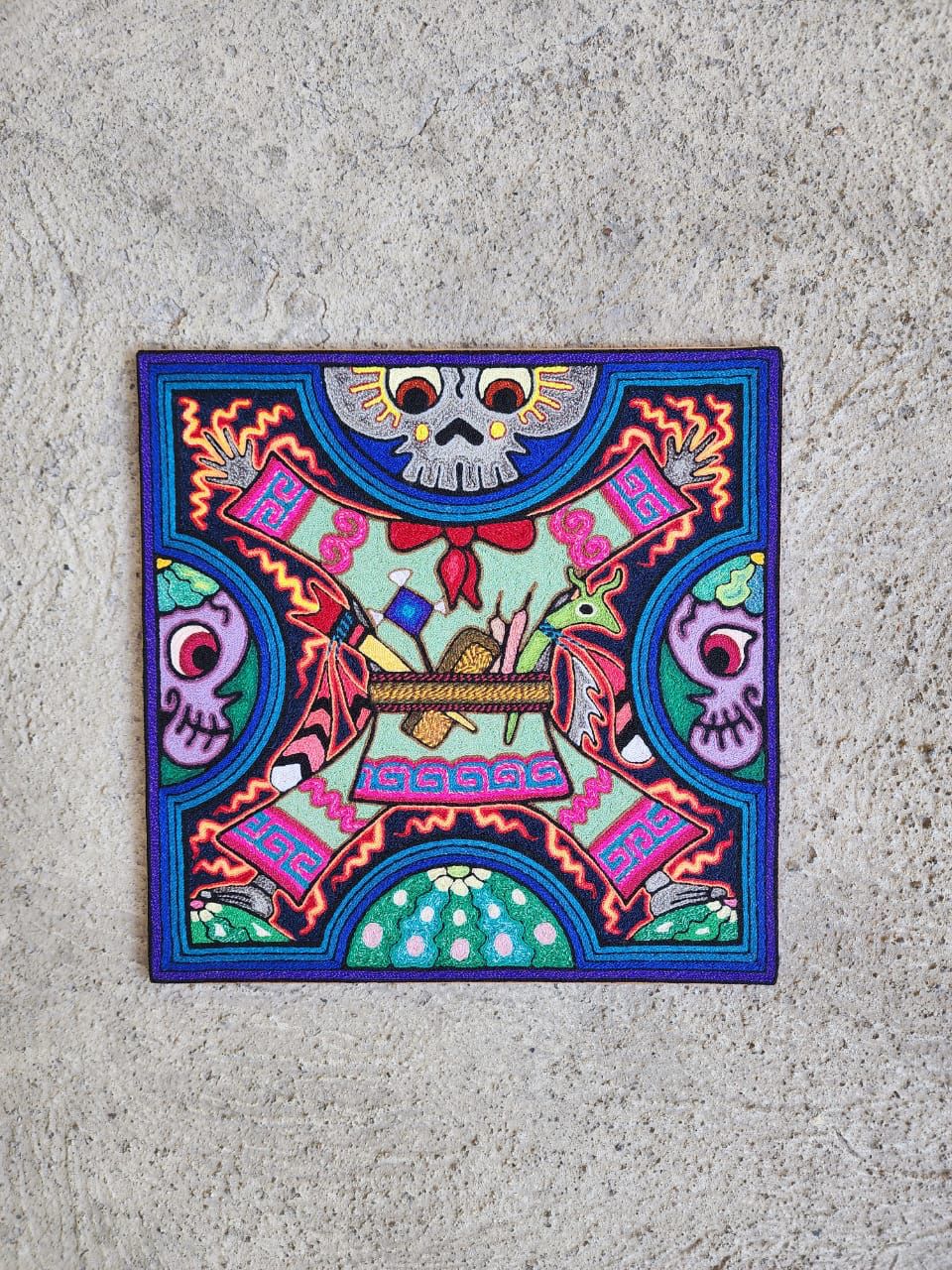 Mexican Folk Art Huichol Indian Yarn Painting by Luis Castro PP7903