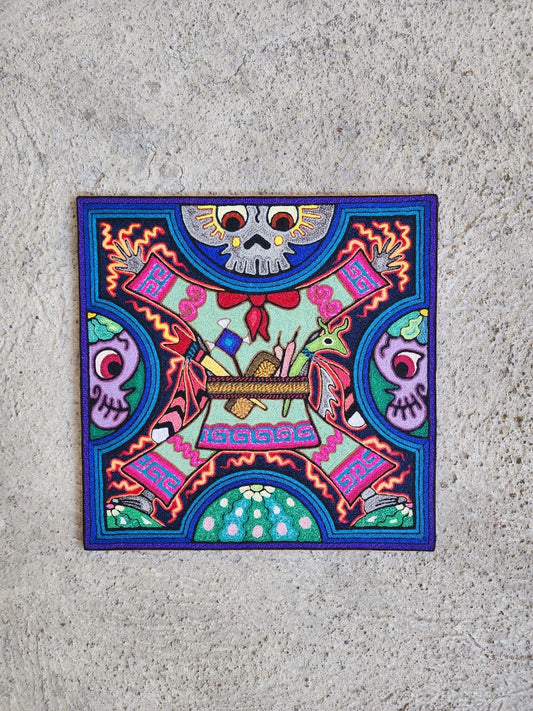 Mexican Folk Art Huichol Indian Yarn Painting by Luis Castro PP7903