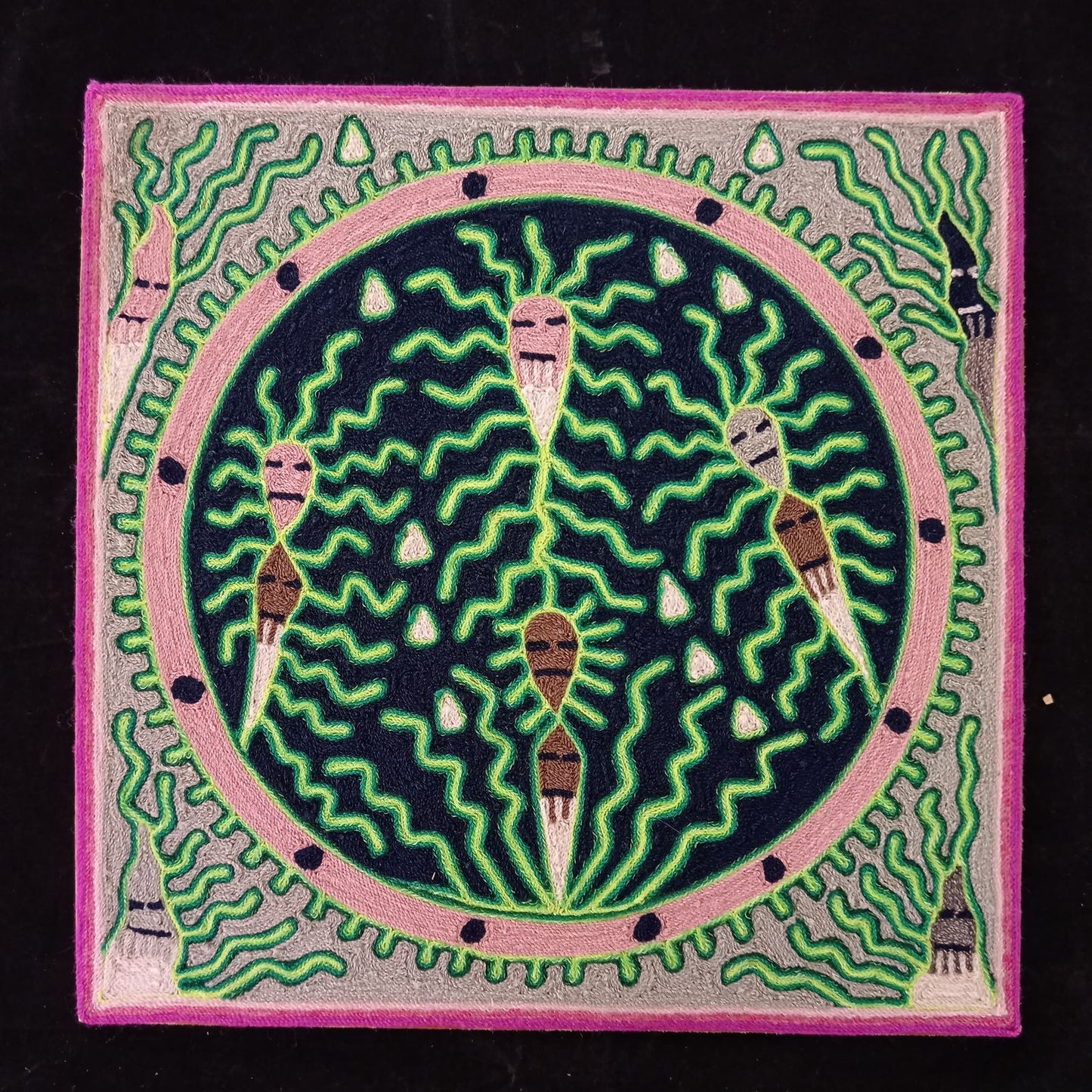 Huichol Indian Mexican Folk Art Yarn Painting By Silverio Gonzalez Rios PP7933