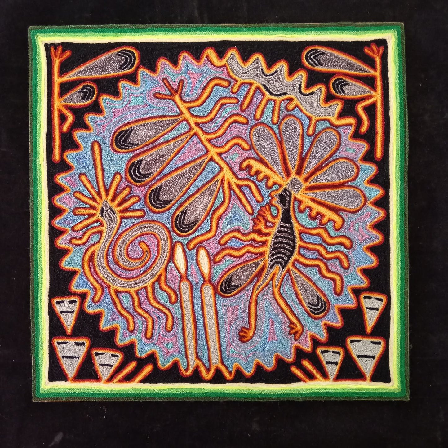 Huichol Indian Mexican Folk Art Yarn Painting By Silverio Gonzalez Rios PP7934