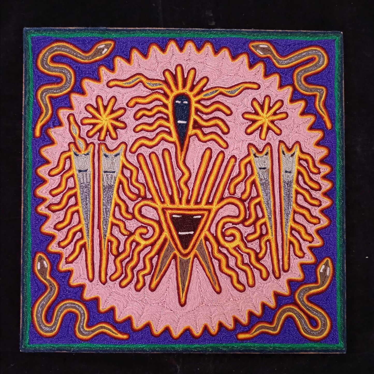 Huichol Indian Mexican Folk Art Yarn Painting By Silverio Gonzalez Rios PP7937