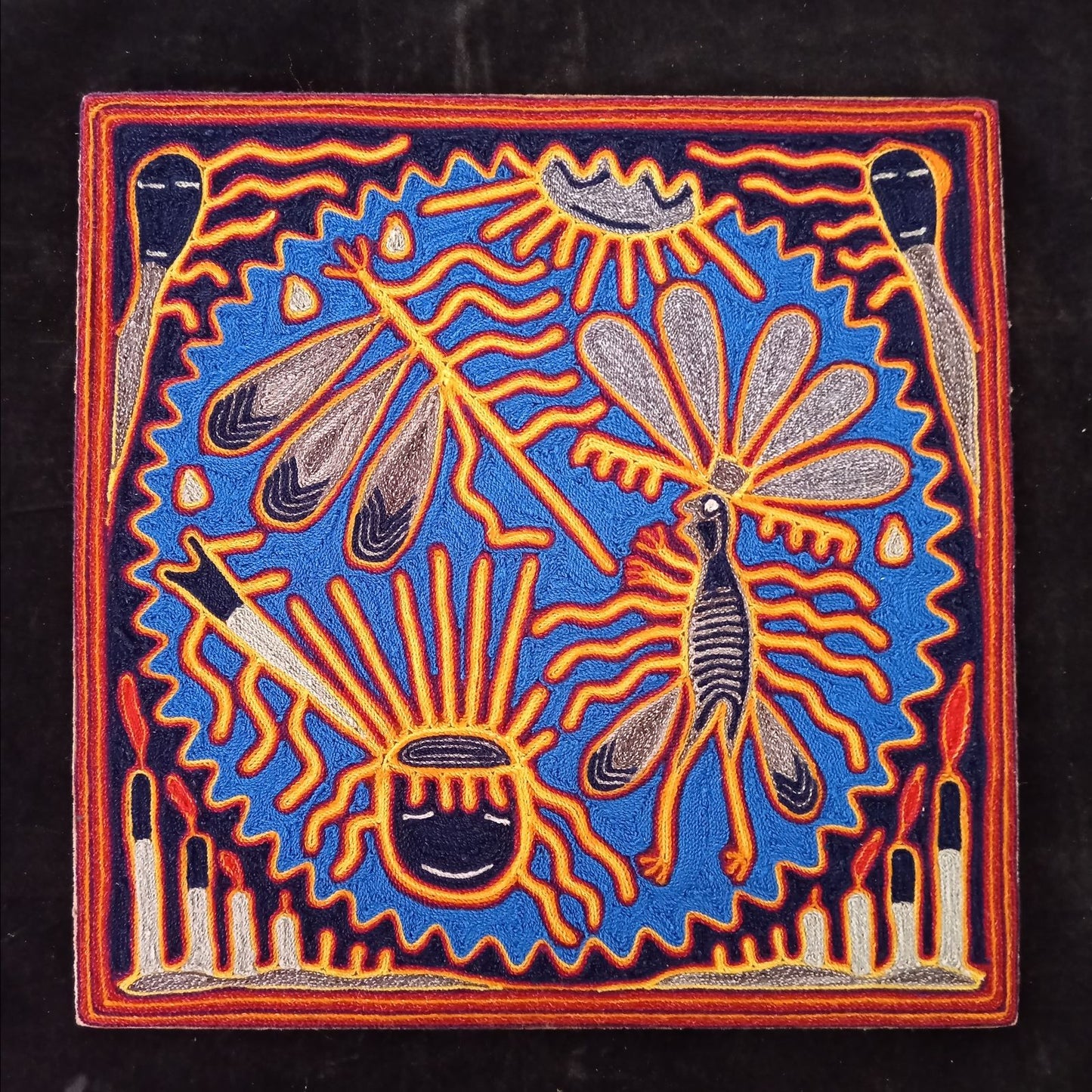 Huichol Indian Mexican Folk Art Yarn Painting By Silverio Gonzalez Rios PP7938