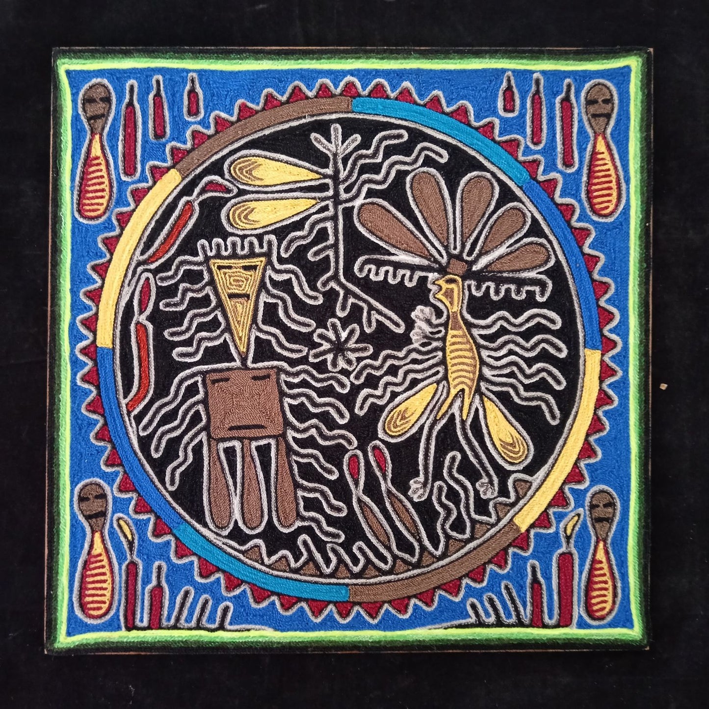 Huichol Indian Mexican Folk Art Yarn Painting By Silverio Gonzalez Rios PP7940