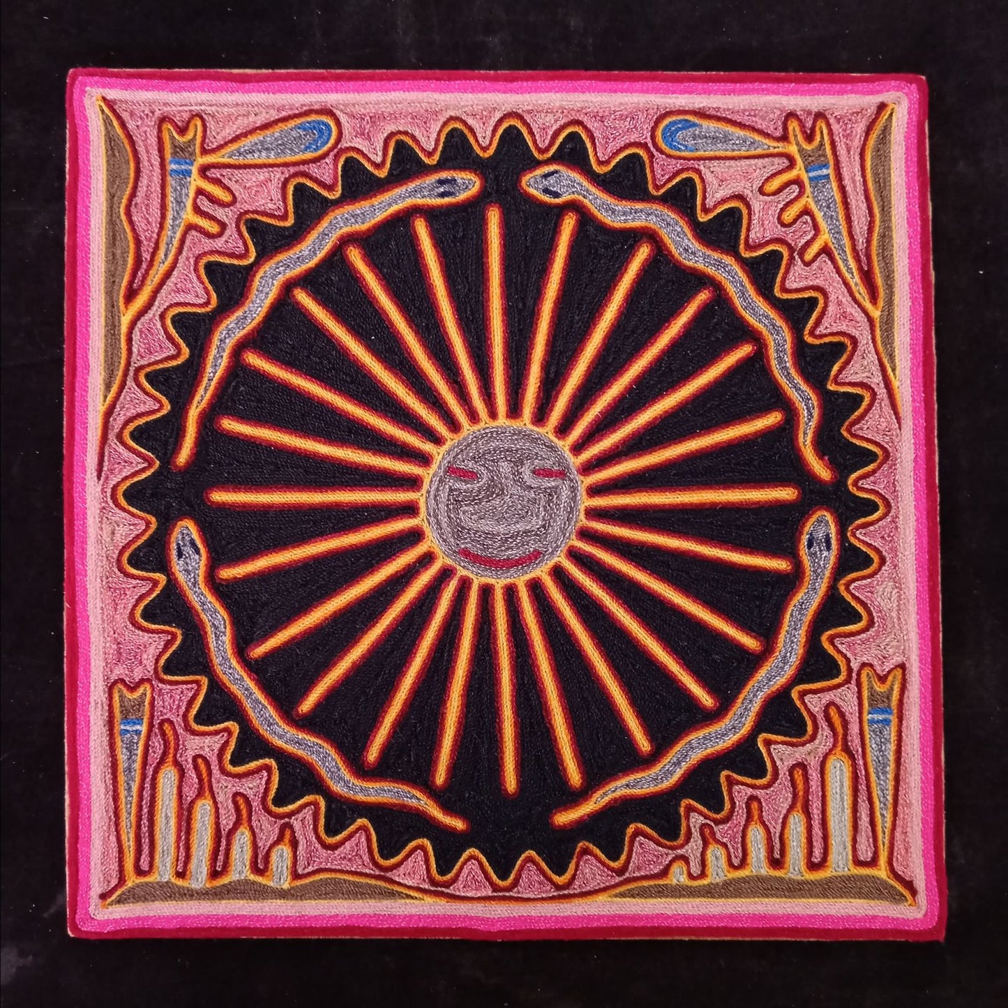 Huichol Indian Mexican Folk Art Yarn Painting By Silverio Gonzalez Rios PP7942
