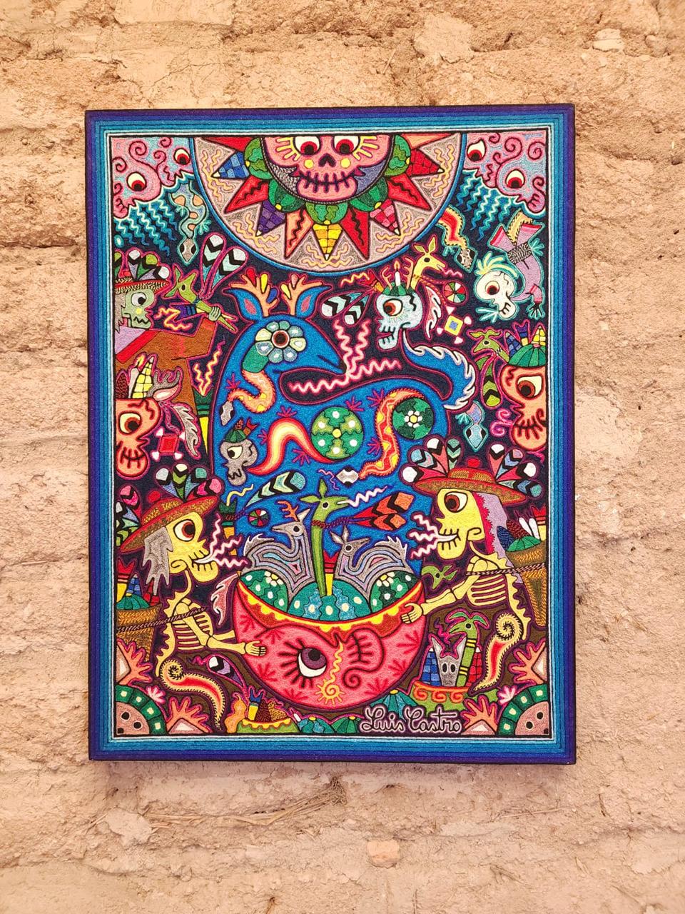 Mexican Folk Art Huichol Indian Yarn Painting by Luis Castro PP7975