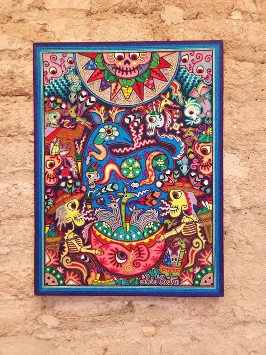 Mexican Folk Art Huichol Indian Yarn Painting by Luis Castro PP7975