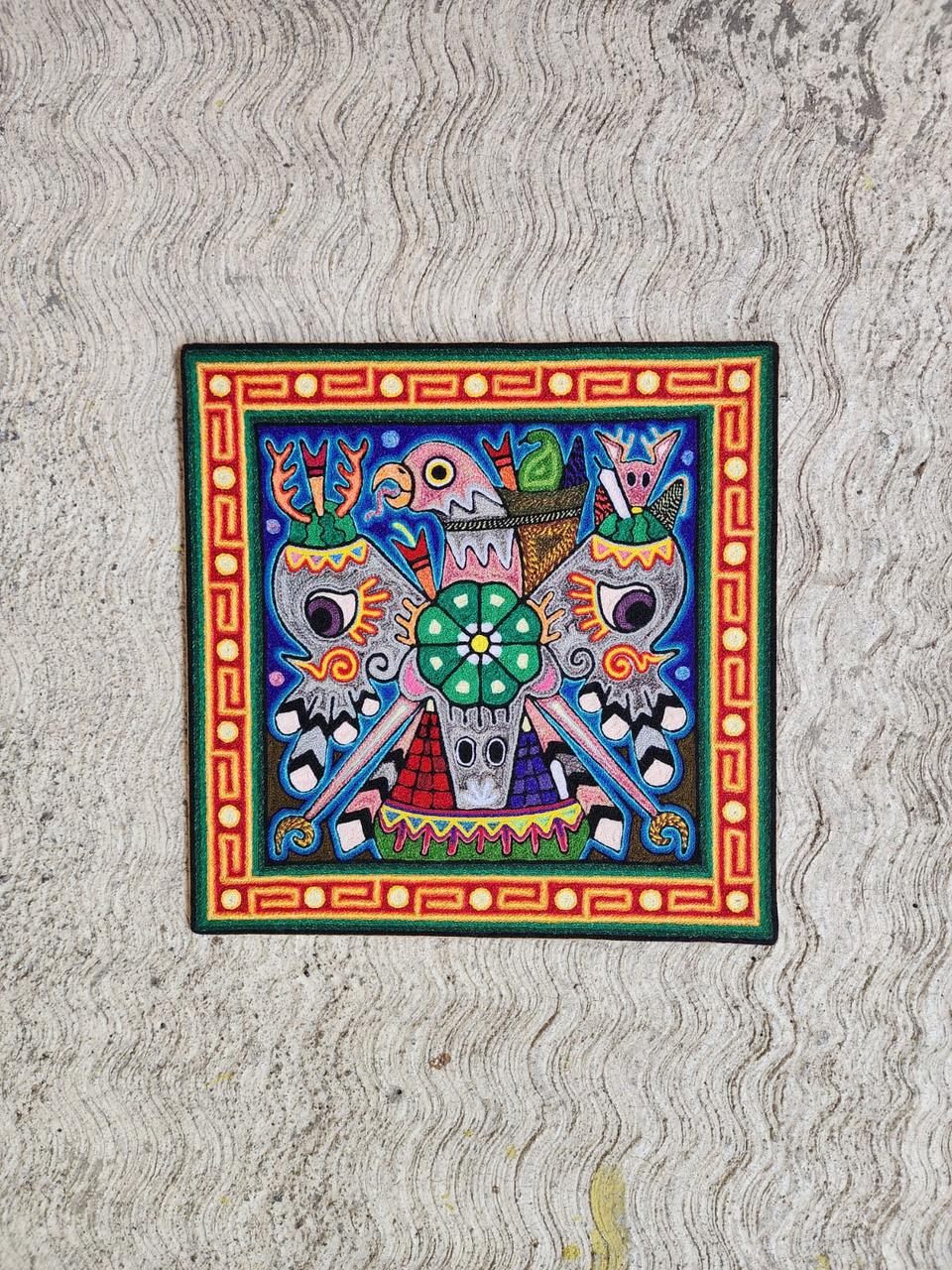 Mexican Folk Art Huichol Indian Yarn Painting by Luis Castro PP7976