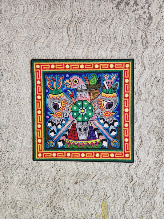 Mexican Folk Art Huichol Indian Yarn Painting by Luis Castro PP7976